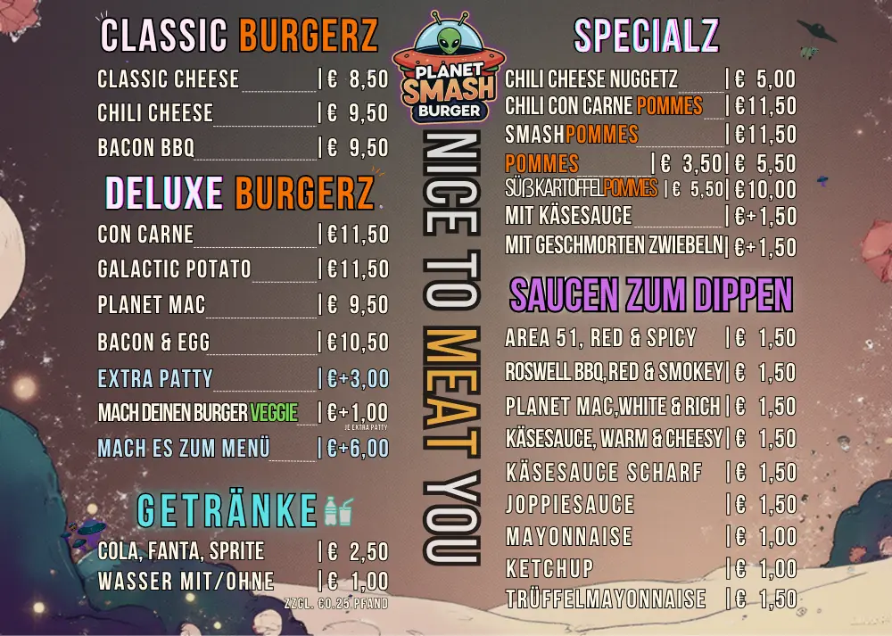 Planet Smashburger Speisekarte mit Burgern, Pommes, Saucen und Getränken